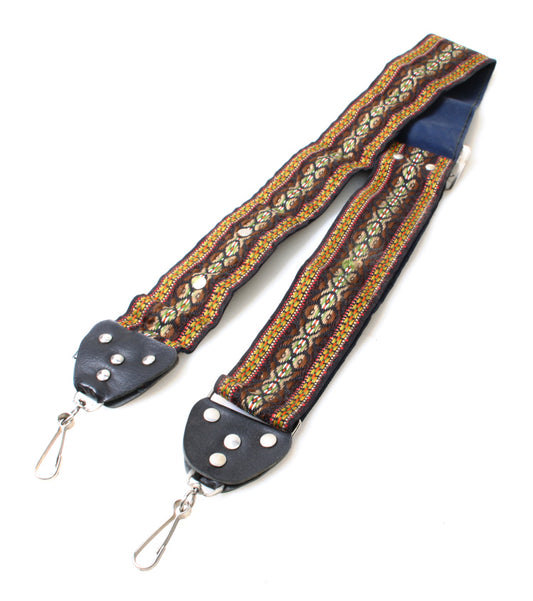 Retro 1960s Embroidered Camera Strap w/Leather Lining, Multi-Color Brown & Olive