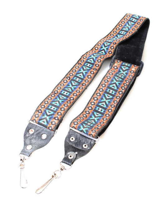 Retro 1960s Embroidered Camera Strap w/Leather Lining, Blue & Orange Geometric