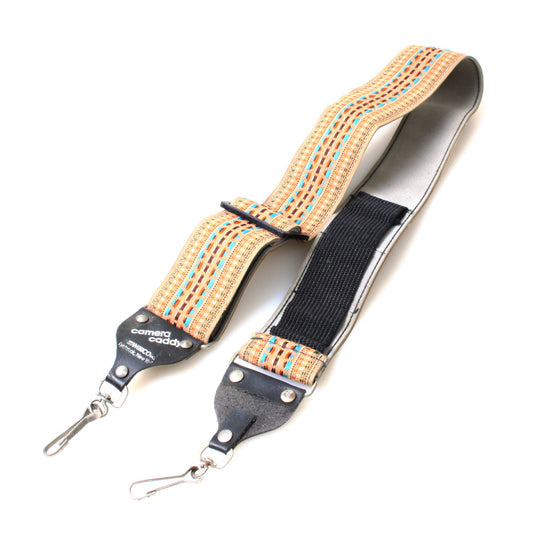 Retro 1980s Embroidered Camera Strap w/Leather Lining, Tan Multicolor Geometric