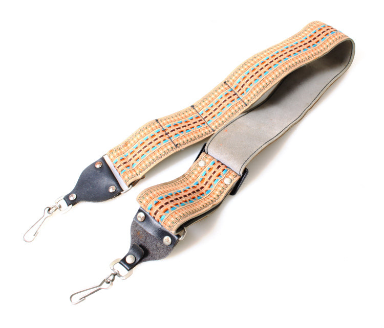 Retro 1980s Embroidered Camera Strap w/Leather Lining, Tan Multicolor Geometric