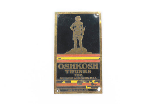 Antique Oshkosh Trunk Co. Wardrobe Trade Mark Metal Id Tag Indian Detail Emblem