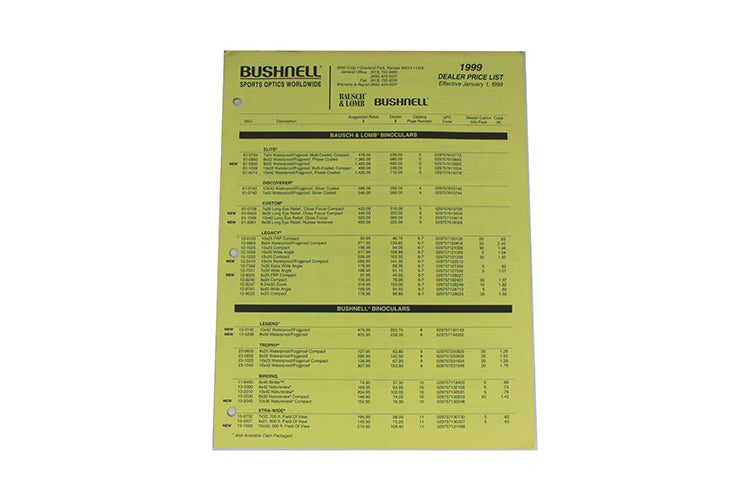 Bushnell Dealer Price List Effective January 1, 1999