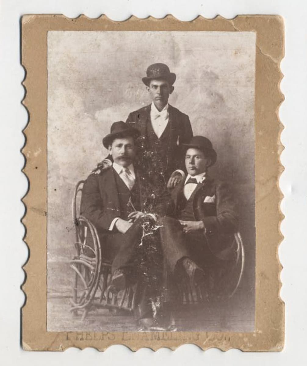 Cabinet Card with Scalloped Edges, 3 Men Posing in Bowler Hats & Suits