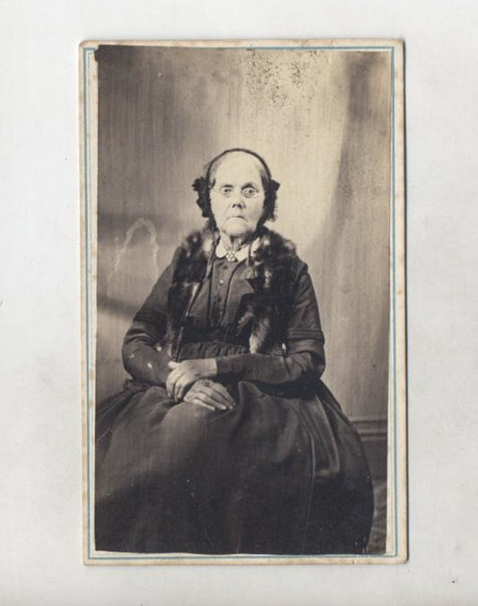 Antique CDV Photo of Elderly Woman Wearing Fur Scarf and Gothic Dress//Mean Old Lady//Creepy Antique Image