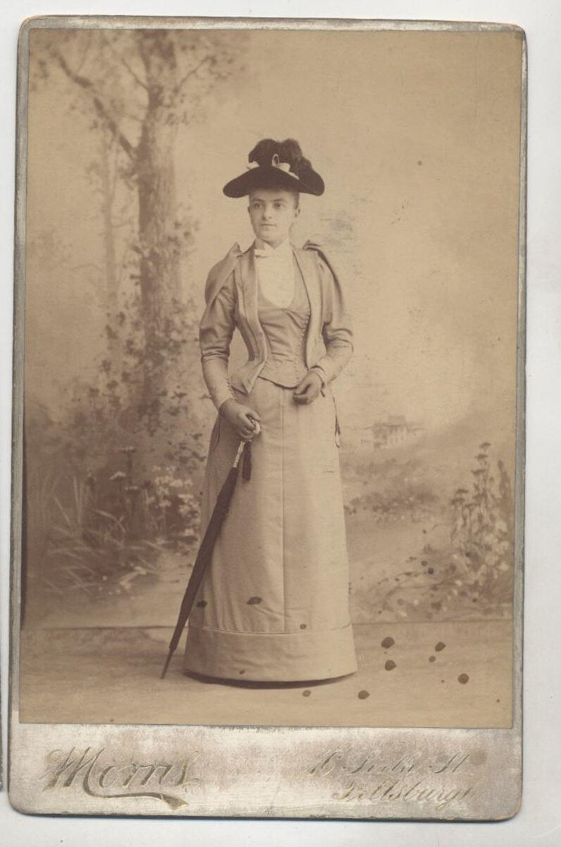 Cabinet Card of Woman with 1900s Hat and Umbrella with Forest Background//6th St. Pittsburgh//Moms Photographer