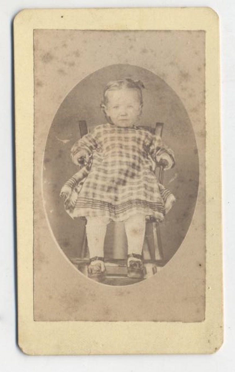 Vintage 1800's CDV Photo Card of Toddler Girl In Plaid Dress on Rocking Chair//Cute Toddler//Antique Child Picture