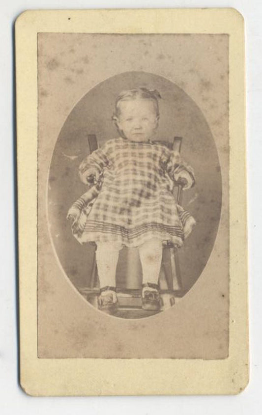 Vintage 1800's CDV Photo Card of Toddler Girl In Plaid Dress on Rocking Chair//Cute Toddler//Antique Child Picture