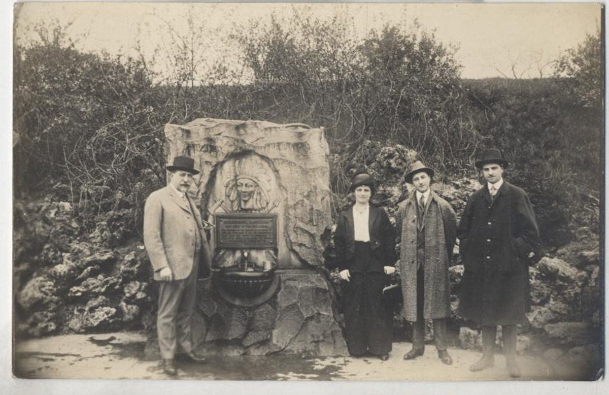 Vintage Black and White Post Card Of White People Posing In Front Of Native American Memorial