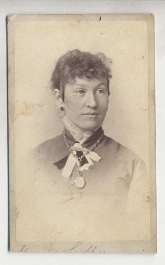 Vintage 1800's CDV Card Photo Of Curly Haired Bangs and Cameo Necklace//Surprised Look//Strong Face Features