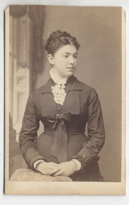 Vintage 1800's CDV Photo Card of Prestine Woman With Gently Folded Hands in Beautiful Dress//Dress With Big Bow//Day Dreaming