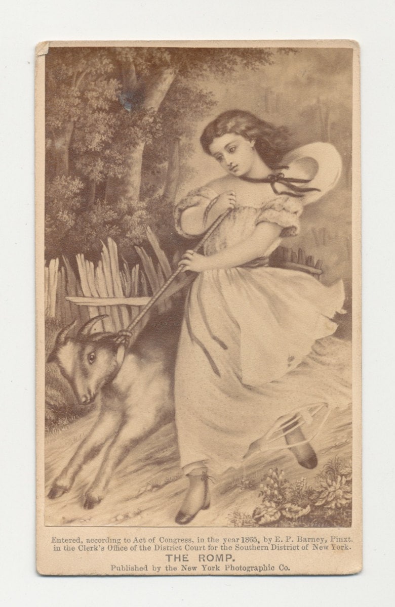 Vintage 1800s CDV Card~ Illustration of Beautiful Woman Walking Goat/ The Romp/New York/Act of Congress