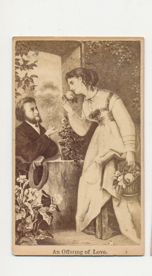 Vintage 1800s CDV card of Illustration of Woman Offering Her Love with a Flower