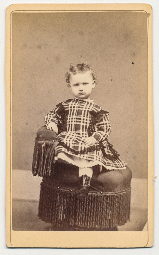 CDV Photo Card from New Haven of Girl with Sullen Expression//1800's Little Girl in Plaid Dress