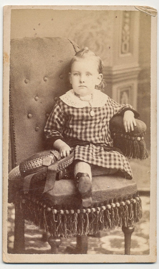 Antique CDV Photograph from the 1800s of Little Girl in Plaid Dress//French School Girl Hat//Stunned Face Expression