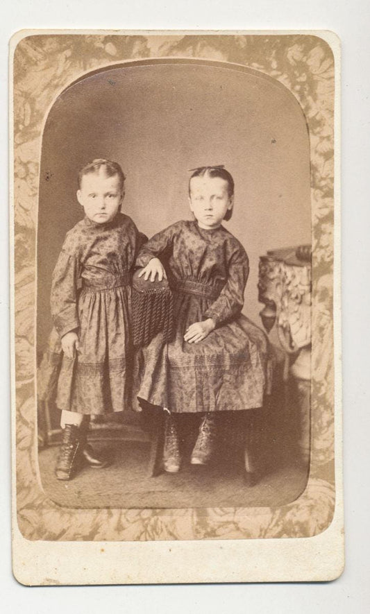 Vintage 1800's CDV Photo of Two Young Sisters Wearing Matching Dresses//Antique Family Portrait//Cute Siblings Photo