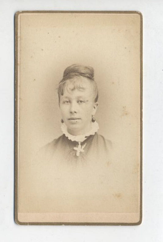 Vintage 1800s CDV Card Photo Of Woman With Up-Do Gazing Lovingly at the Camera