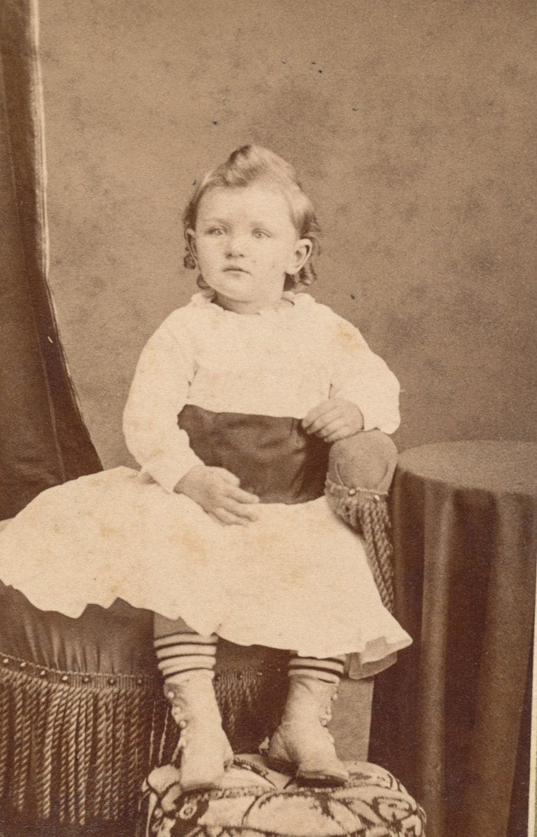 Set of 2 Vintage 1800's CDV Photo Card of 2 Young Sisters with Curls and White Dress//Antique Portrait of Sisters//Vinatge Cute Little Girls