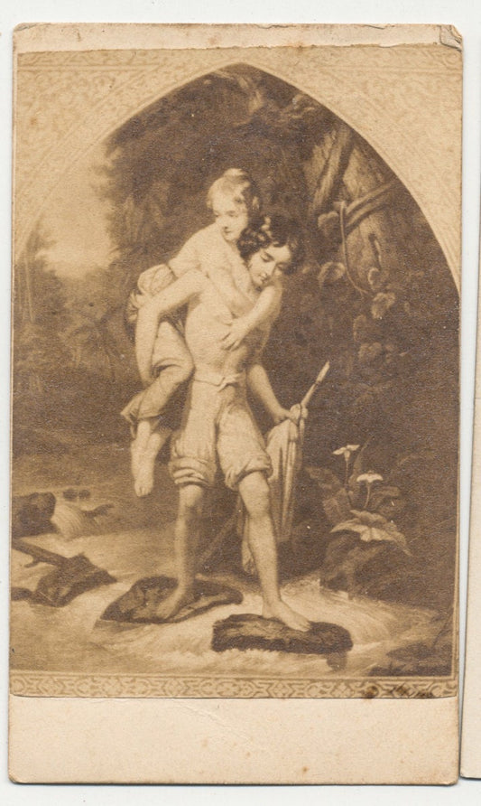 Vintage 1800's CDV Card of Illustration//Woman being Carried By Lover Over A Creek//Lovers