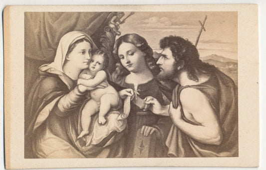 Vintage 1800's CDV Card of Illustration of Two Women, A Baby, and A Man Exchanging Concerning Looks//The Worship