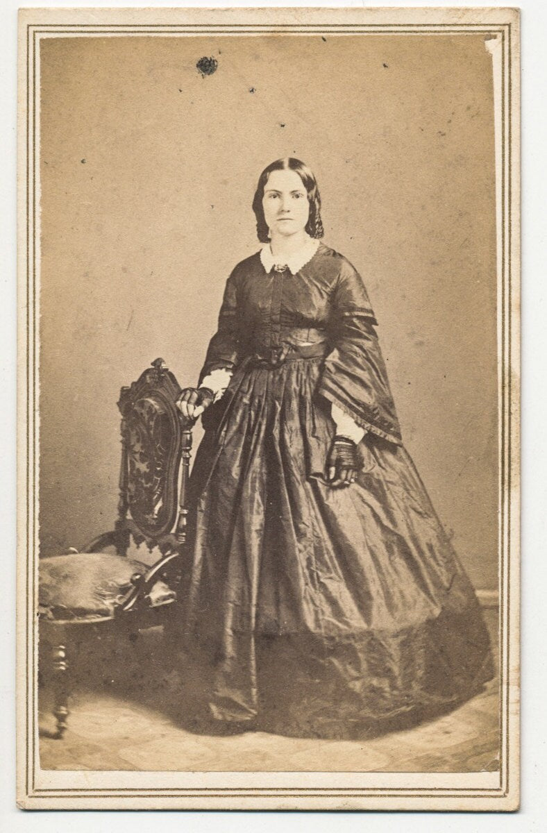 Antique CDV Photo Card of Menacing Woman//Civil War Era//Sausage Curls//Antique Portrait//Fancy Dress & Fingerless Gloves