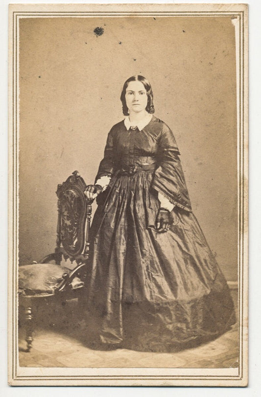 Antique CDV Photo Card of Menacing Woman//Civil War Era//Sausage Curls//Antique Portrait//Fancy Dress & Fingerless Gloves