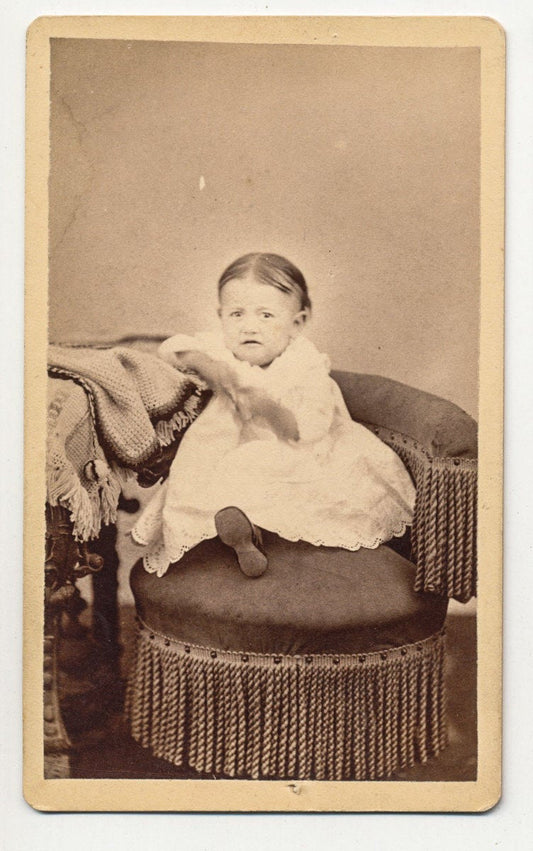 CDV Antique 1800s Photograph Of Sullen Baby In White Dress in Pennsylvania//Unhappy Baby//Center Parted Hair//Vintage Baby Portrait