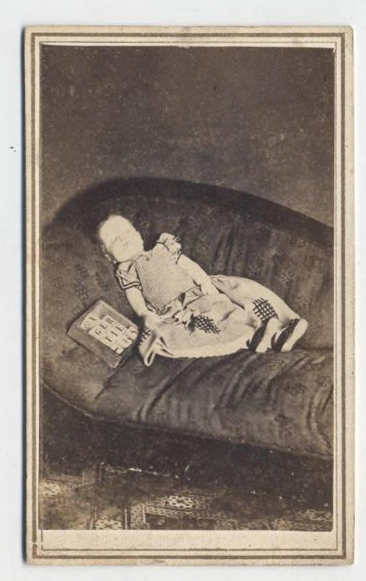 Postmortem CDV Photo Of Baby//Peacefully Sleeping with Letter Block Toys//Civil War Tax Stamp on CDV