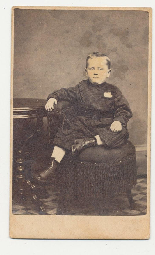 Vintage 1800's CDV Photo of Pouty Boy Posing In Dress Clothes, Pennsylvania//Antique Child Portrait//Tight Lipped Child
