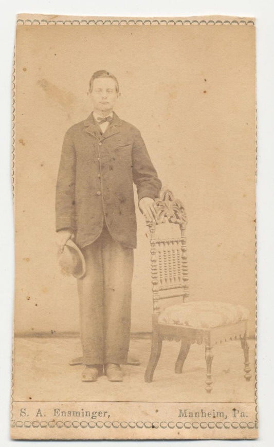 CDV Photo From The 1800s of Tall Lengthy Man With Bow Tie Holding Hat//Antique Portait//19th Century Man Posing with Chair