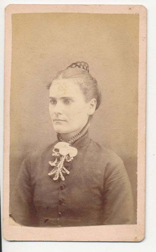 Vintage 1800s CDV Photo Of Woman Wearing Intricate Neck Bow//Antique Woman Portrait//1800's Serious Woman