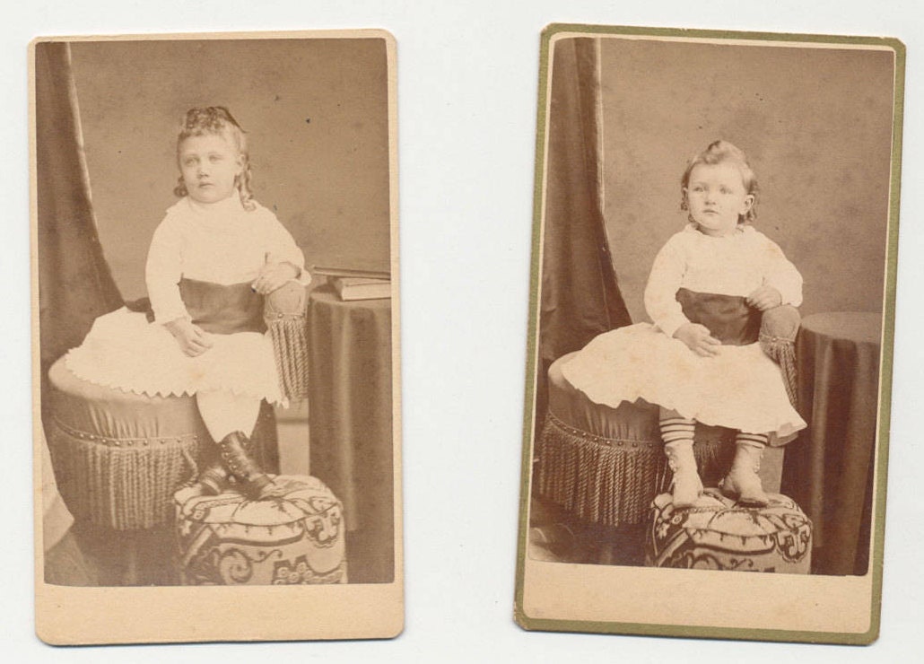 Set of 2 Vintage 1800's CDV Photo Card of 2 Young Sisters with Curls and White Dress//Antique Portrait of Sisters//Vinatge Cute Little Girls