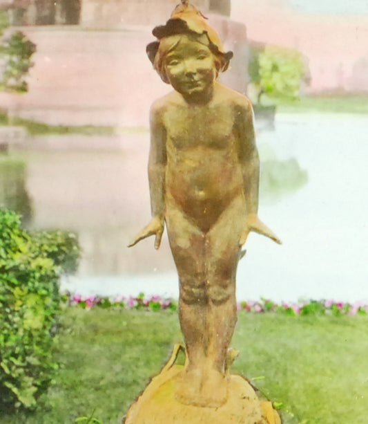 Cute Pixie Boy In Garden, Hand Tinted Antique Photo On Glass//DIY Art