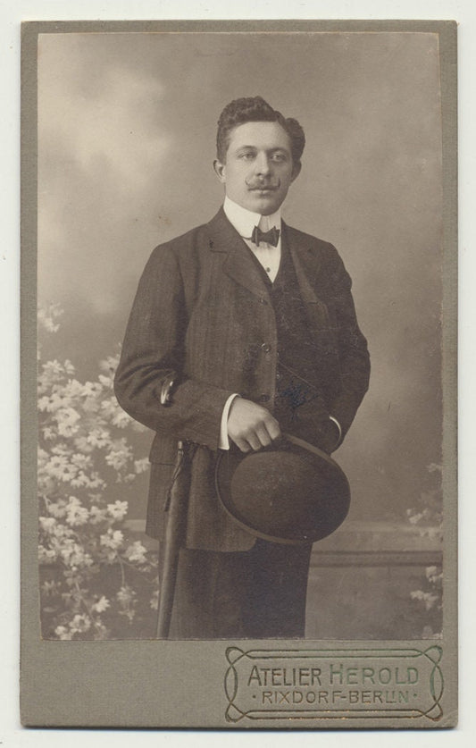 Handsome Man w/ a Well Kept Mustache, Fancy Umbrella, and Flowers. CDV. Berlin.