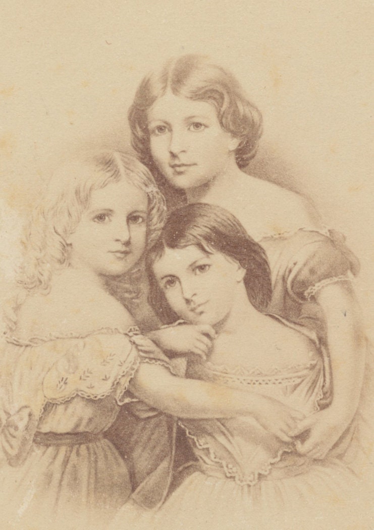 Three Sisters Sharing a Moment. Photograph of Drawing. CDV.