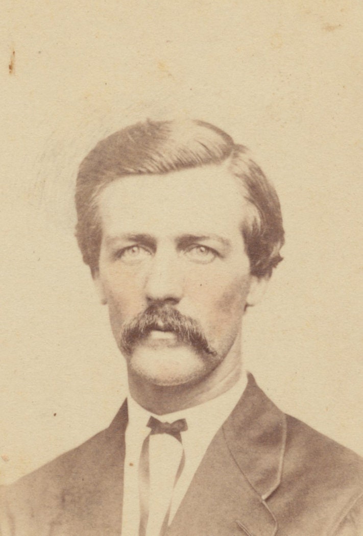 Slim Well Dressed Man w/ Large Mustache. CDV w/ Hand Tinted Blush. Richmond, VA.