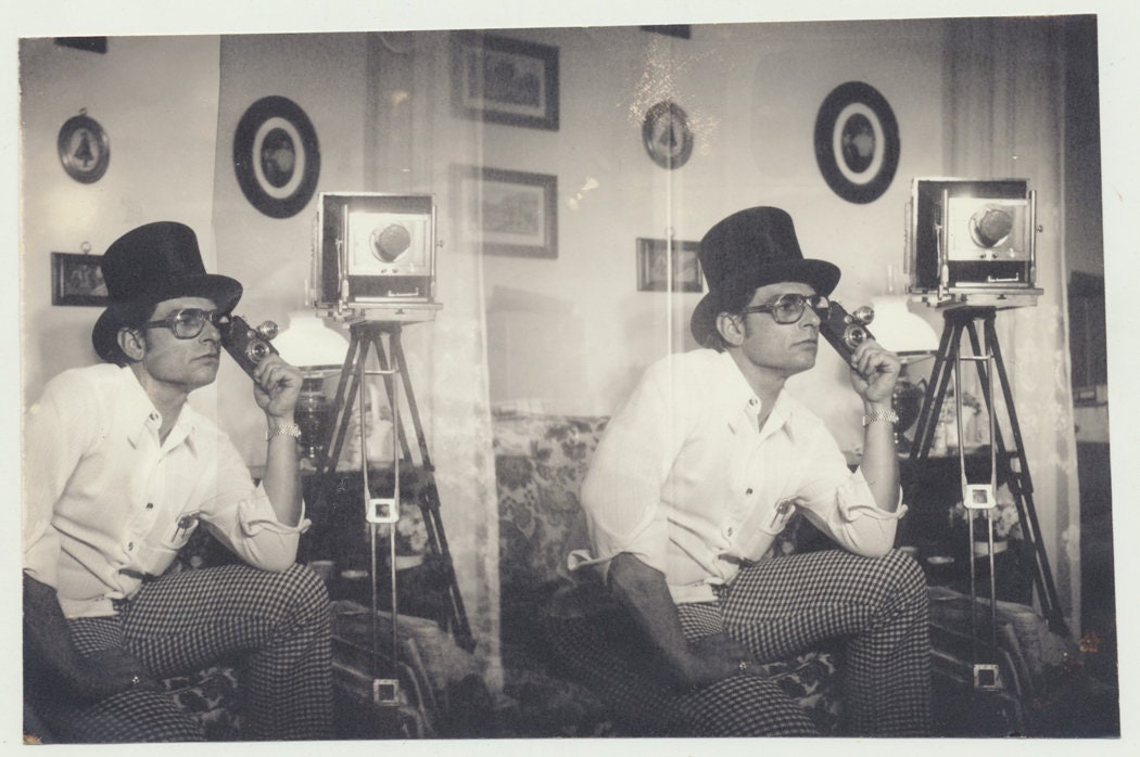 Double Print. Man in Top Hat w/ Multiple Cameras. Silver Print.