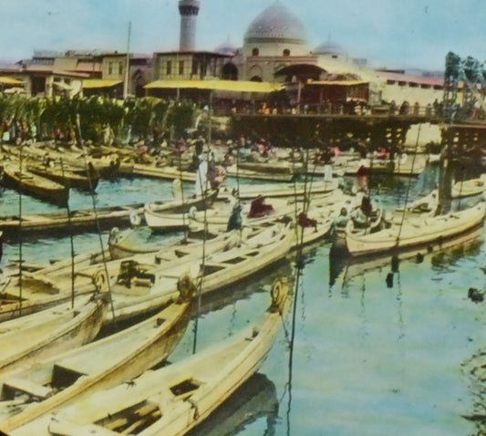 Iraq Canal Crowded with Boats Hand Tinted Antique Photo On Glass//DIY Art
