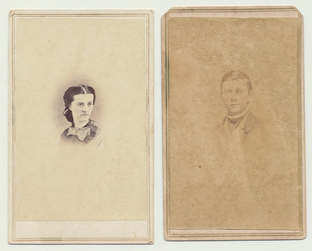 Civil War Era Portraits w/ Stamps. Stern Man and Woman. Set of 2 CDV Prints.