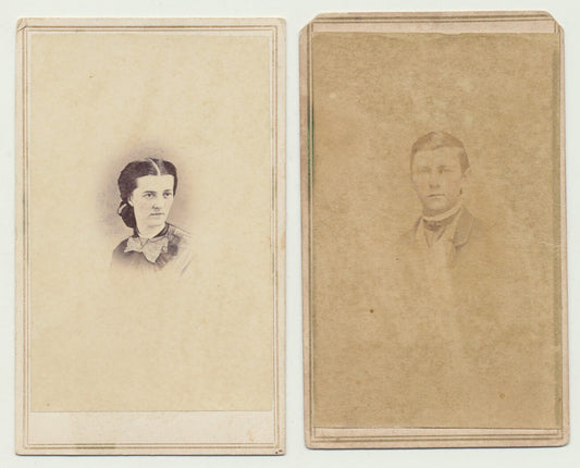 Civil War Era Portraits w/ Stamps. Stern Man and Woman. Set of 2 CDV Prints.