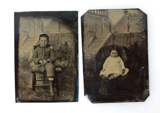 Brother & Sister with Painted backdrop Set of 2, Antique Tintype
