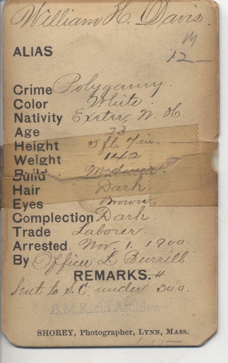 1900 Mugshot of Young Man Arrested for Polygamy - Exeter, NH