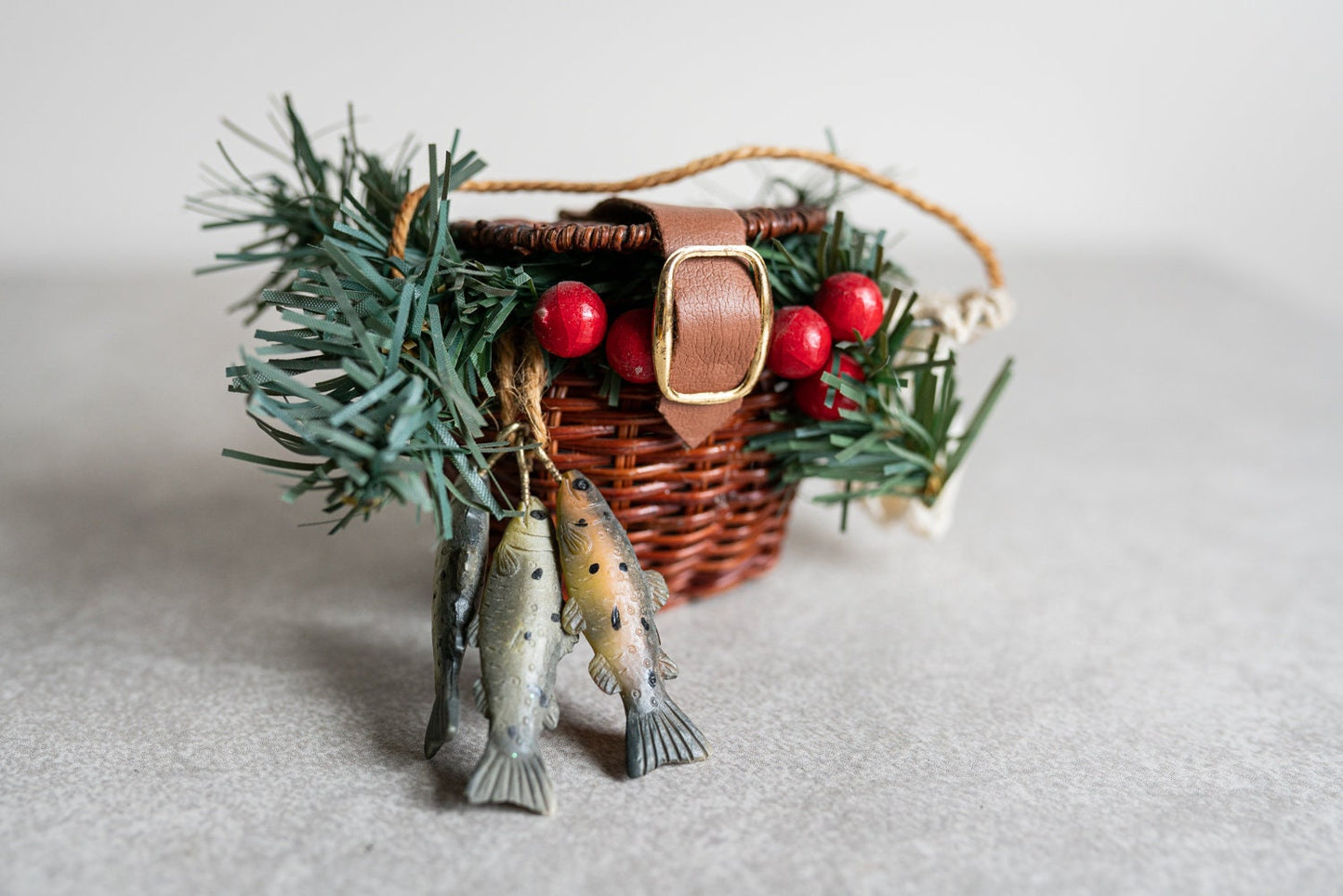 Wicker Fishermans Creel Basket w/ Net and Three Trouts - Knick Knack