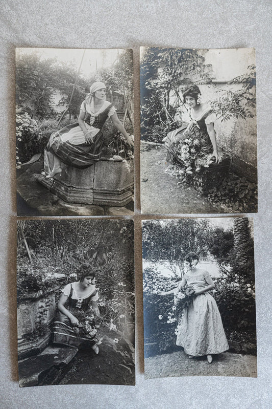 Lady Picking Daisies in Garden - Lot of 4