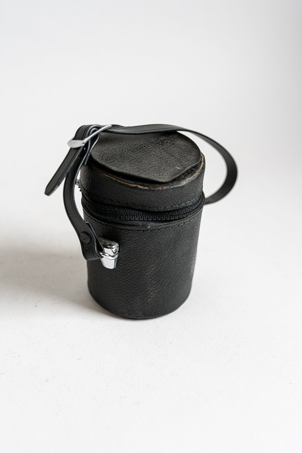 Vintage Black Leather Camera Lens / Accessory Case w/ Strap