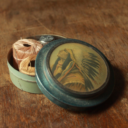 Vintage Sewing Kit in Tin with Native American image on lid