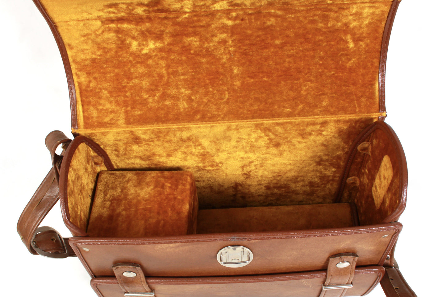 Vintage Camera Case Hard 1970s - Top & Bottom Compartments - Yellow Velvet Inside