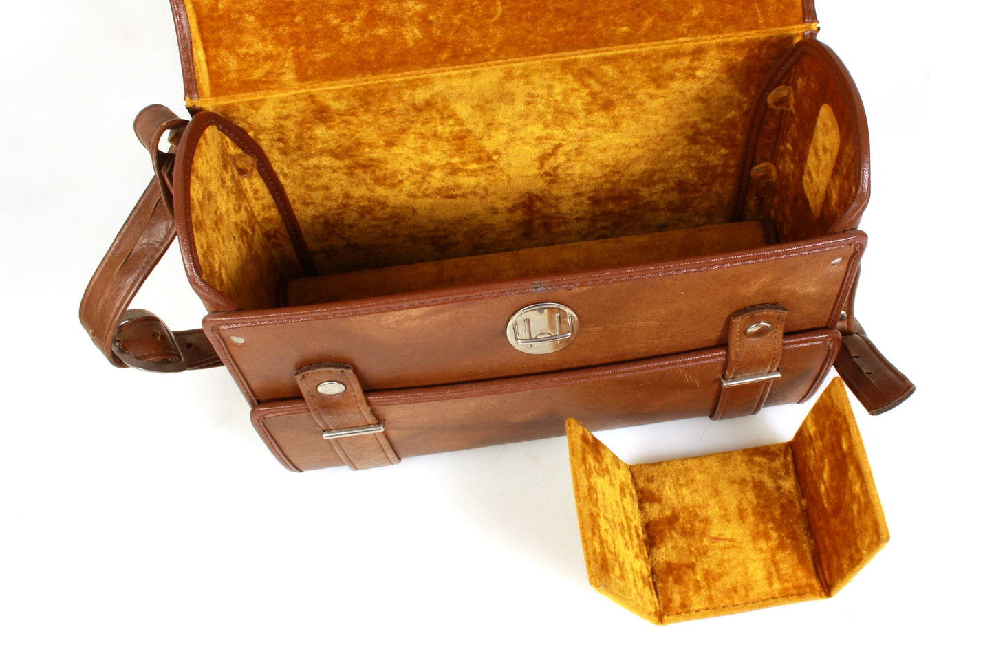 Vintage Camera Case Hard 1970s - Top & Bottom Compartments - Yellow Velvet Inside