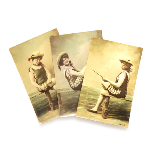 Early 1900s French Photo Postcard Risqué Hand Tinted Set of 3