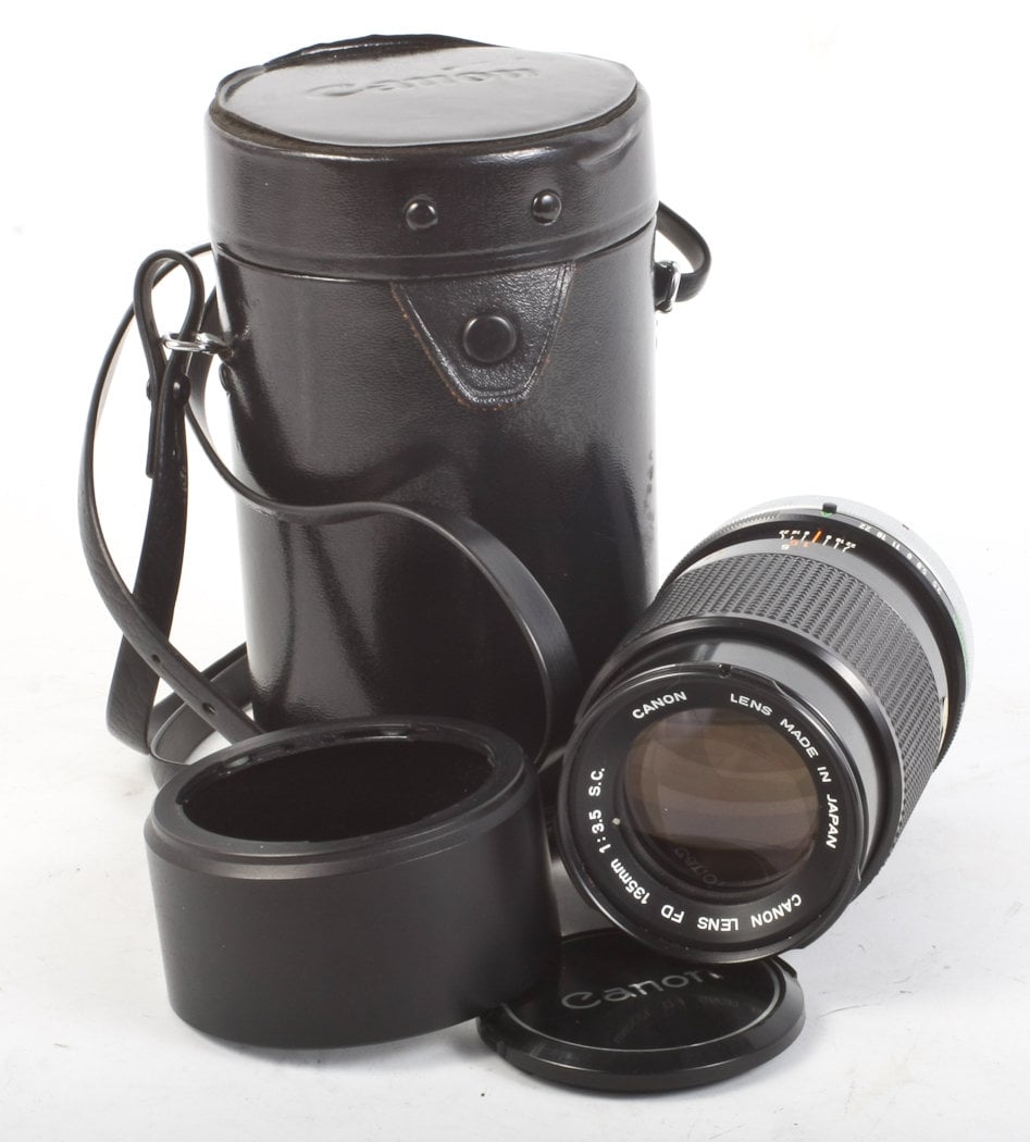 Canon 135MM F 3.5 S.C. Lens w/ Case, Strap, Original Hood and Front & Rear Caps