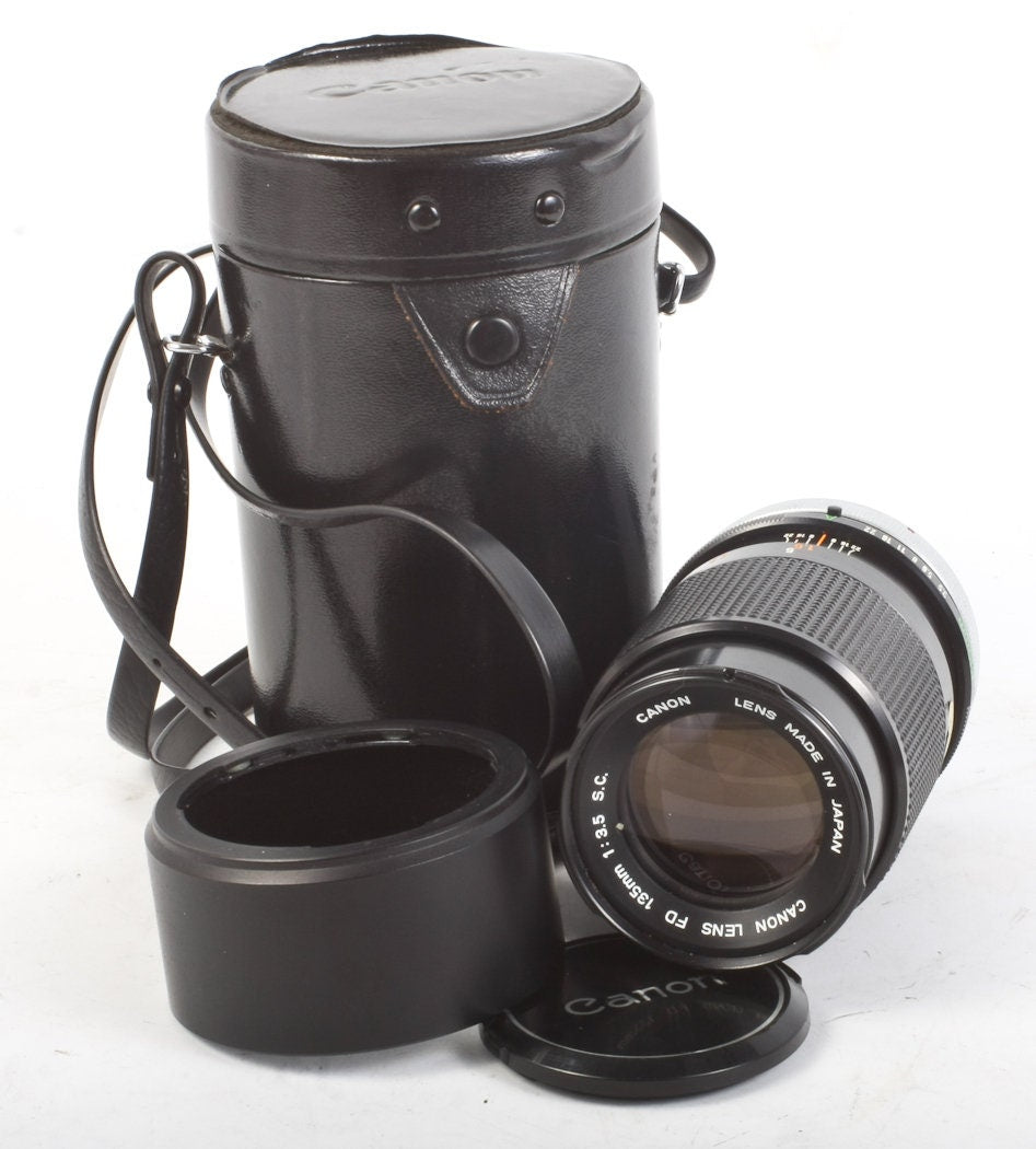 Canon 135MM F 3.5 S.C. Lens w/ Case, Strap, Original Hood and Front & Rear Caps